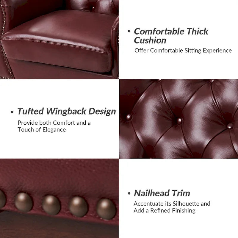 Fauteuil d'appoint dossier capitonné en cuir véritable – Marron / Chameau / Bourgogne / Bleu marine, Individuel