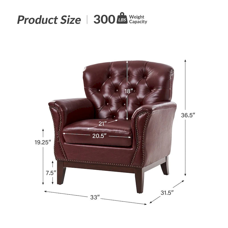 Fauteuil d'appoint dossier capitonné en cuir véritable – Marron / Chameau / Bourgogne / Bleu marine, Individuel