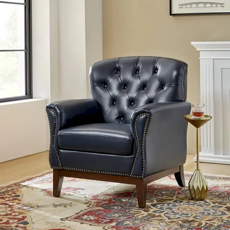 Fauteuil d'appoint dossier capitonné en cuir véritable – Marron / Chameau / Bourgogne / Bleu marine, Individuel