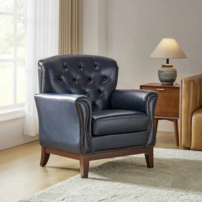 Fauteuil d'appoint dossier capitonné en cuir véritable – Marron / Chameau / Bourgogne / Bleu marine, Individuel