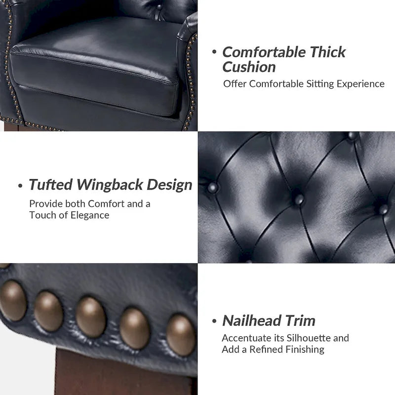 Fauteuil d'appoint dossier capitonné en cuir véritable – Marron / Chameau / Bourgogne / Bleu marine, Individuel