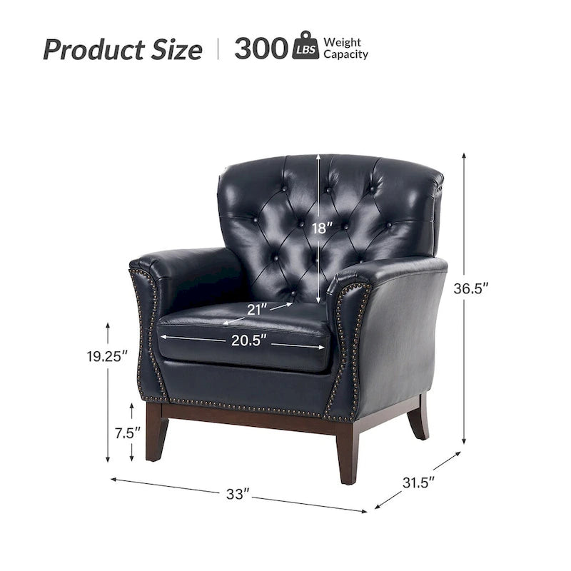 Fauteuil d'appoint dossier capitonné en cuir véritable – Marron / Chameau / Bourgogne / Bleu marine, Individuel