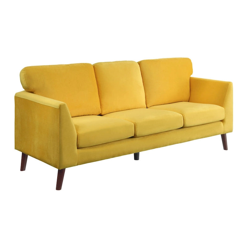 Canapé deux places en velours jaune, style moderne, pieds en bois marron foncé