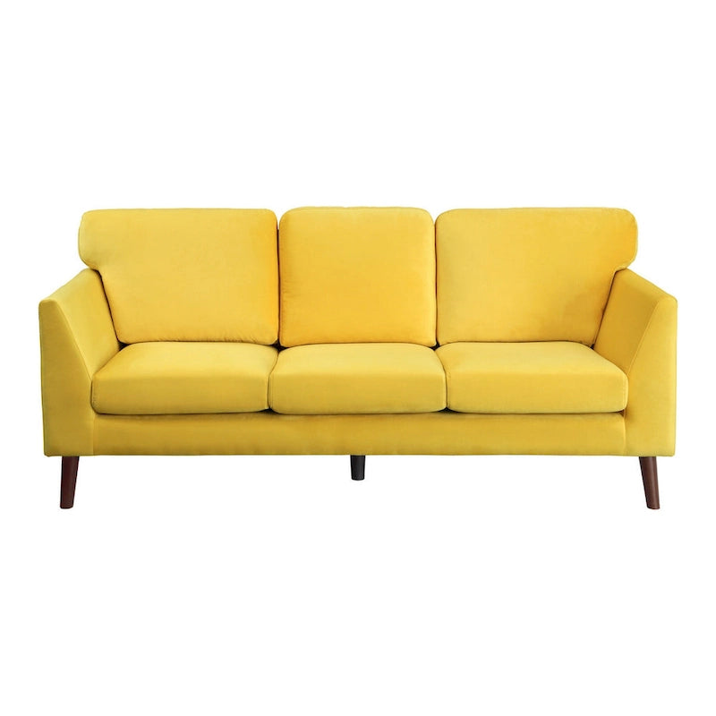 Canapé deux places en velours jaune, style moderne, pieds en bois marron foncé