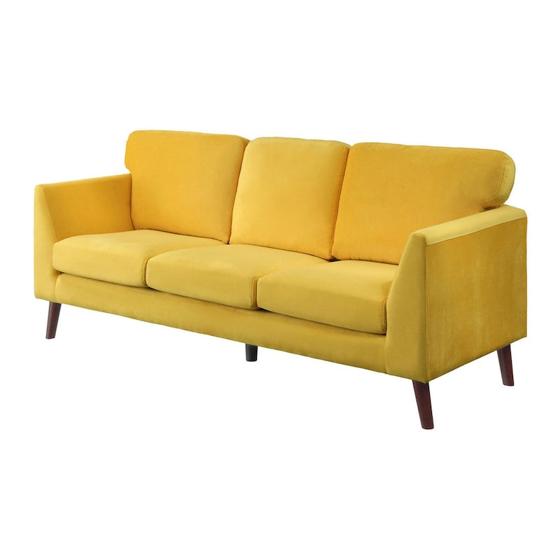 Canapé deux places en velours jaune, style moderne, pieds en bois marron foncé