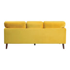 Canapé deux places en velours jaune, style moderne, pieds en bois marron foncé