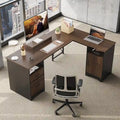 Bureau d'angle 160 cm avec tiroirs de rangement et armoire, Cerisier / Gris, Un utilisateur