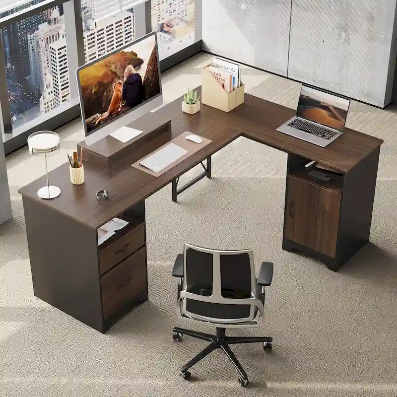 Bureau d'angle 160 cm avec tiroirs de rangement et armoire, Cerisier / Gris, Un utilisateur