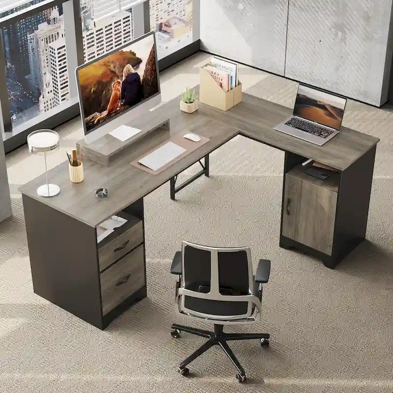 Bureau d'angle 160 cm avec tiroirs de rangement et armoire, Cerisier / Gris, Un utilisateur