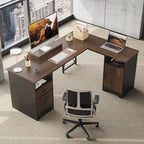 Bureau d'angle 160 cm avec tiroirs de rangement et armoire, Cerisier / Gris, Un utilisateur