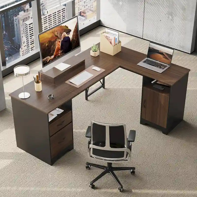 Bureau d'angle 160 cm avec tiroirs de rangement et armoire, Cerisier / Gris, Un utilisateur