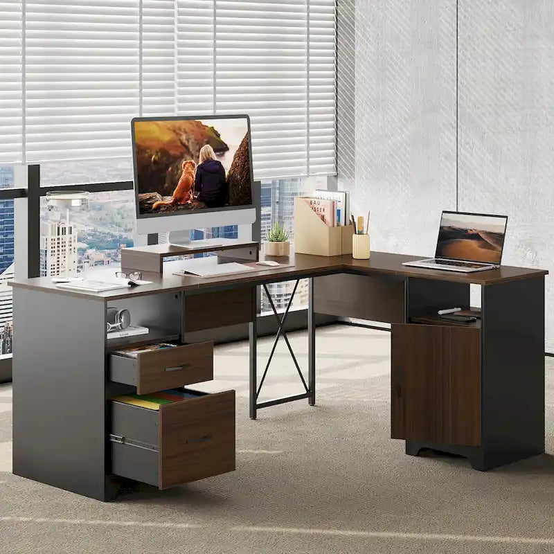Bureau d'angle 160 cm avec tiroirs de rangement et armoire, Cerisier / Gris, Un utilisateur