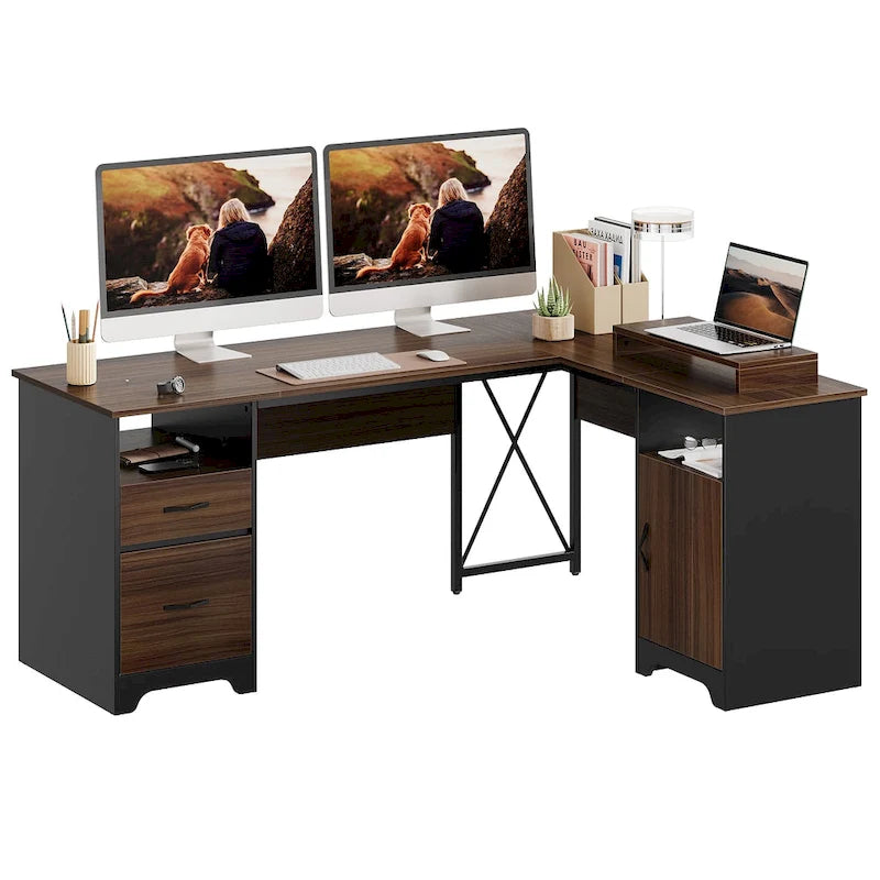 Bureau d'angle 160 cm avec tiroirs de rangement et armoire, Cerisier / Gris, Un utilisateur