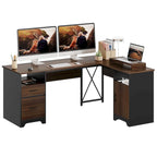 Bureau d'angle 160 cm avec tiroirs de rangement et armoire, Cerisier / Gris, Un utilisateur