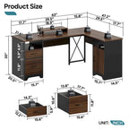 Bureau d'angle 160 cm avec tiroirs de rangement et armoire, Cerisier / Gris, Un utilisateur