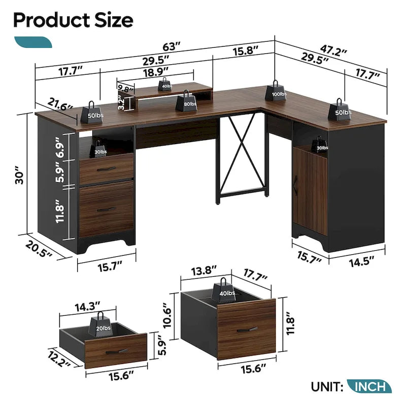 Bureau d'angle 160 cm avec tiroirs de rangement et armoire, Cerisier / Gris, Un utilisateur
