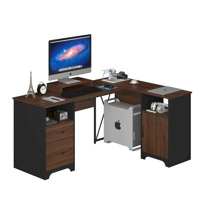 Bureau d'angle 160 cm avec tiroirs de rangement et armoire, Cerisier / Gris, Un utilisateur