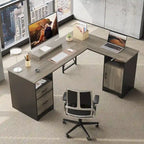 Bureau d'angle 160 cm avec tiroirs de rangement et armoire, Cerisier / Gris, Un utilisateur