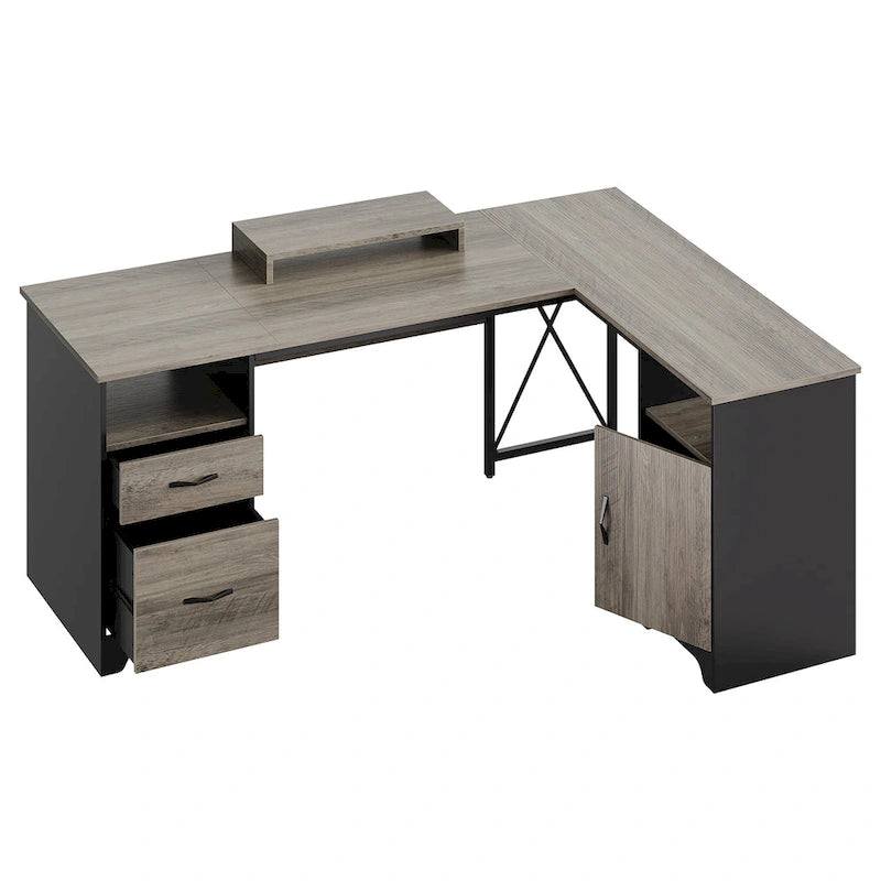 Bureau d'angle 160 cm avec tiroirs de rangement et armoire, Cerisier / Gris, Un utilisateur