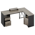 Bureau d'angle 160 cm avec tiroirs de rangement et armoire, Cerisier / Gris, Un utilisateur